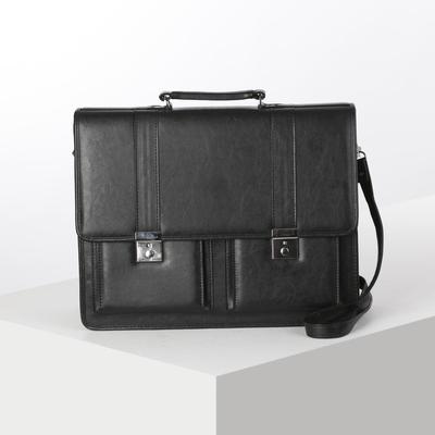 Сумка-портфель мужская на замке, 3 отдела, 2 наружных кармана, длинный ремень, цвет чёрный