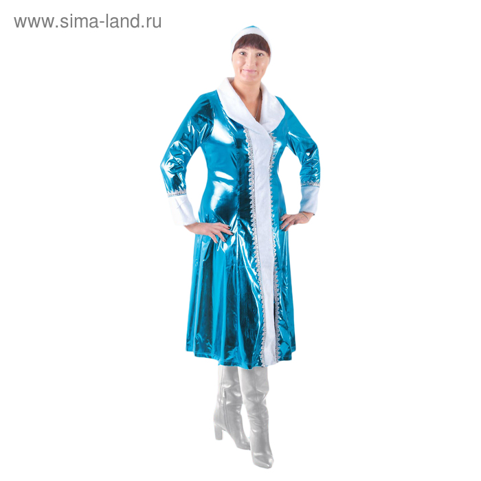 Карнавальный костюм «Снегурочка» с шапкой, воротник апаш, цвет голубой однотонный, р-р 56-58, рост 170 см - Фото 1