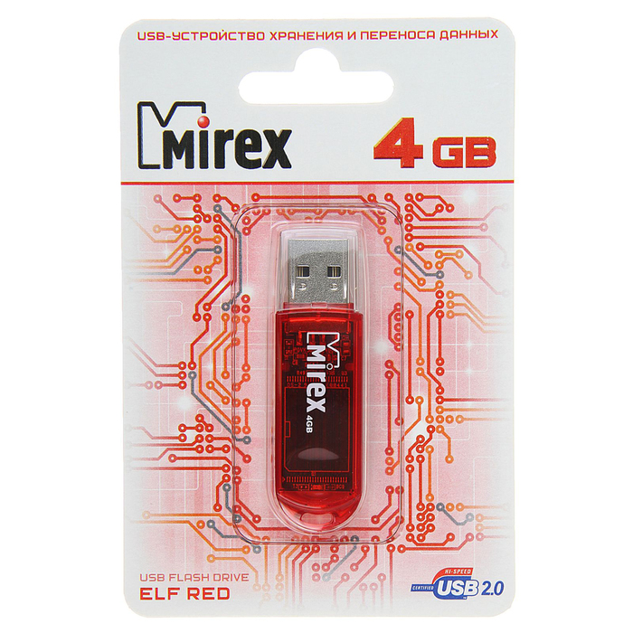 Флешка Mirex ELF RED, 4 Гб, USB2.0, чт до 25 Мб/с, зап до 15 Мб/с, красная - фото 51293017