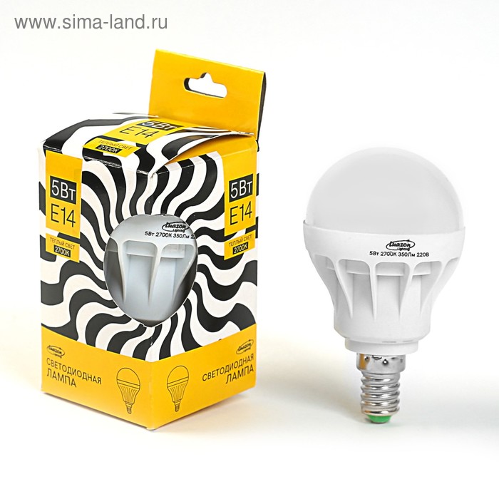 Лампа светодиодная Luazon Lighting, А60, 5 Вт, Е14, 350 Лм, 2700 К, 220 В, теплый белый - Фото 1
