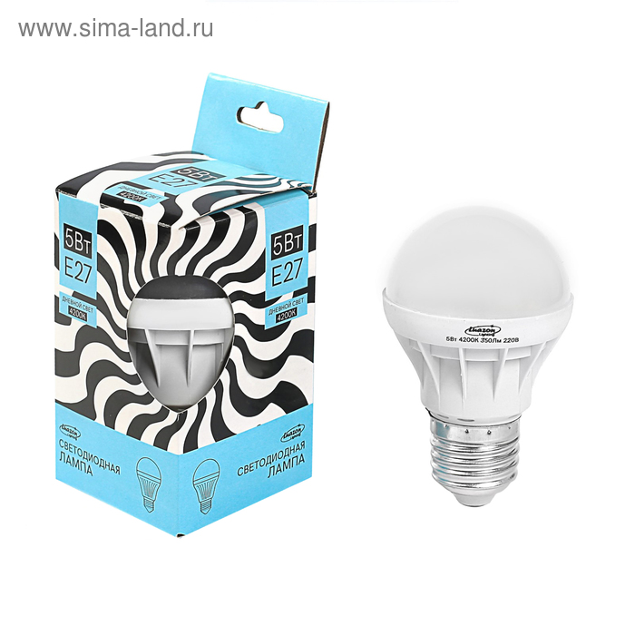 Лампа светодиодная Luazon Lighting, А65, 5 Вт, E27, 350 Лм, 4200 К, дневной белый - Фото 1