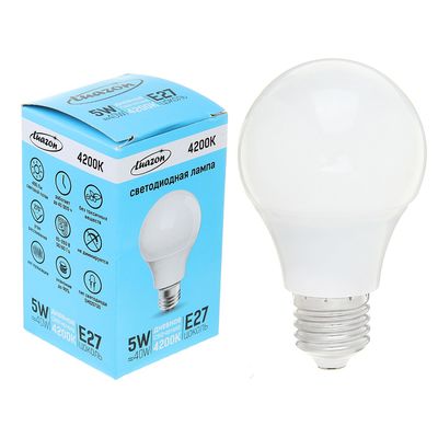 Лампа светодиодная Luazon Lighting, А60, 5 Вт, Е27, 4200 К, AL радиатор, дневной белый