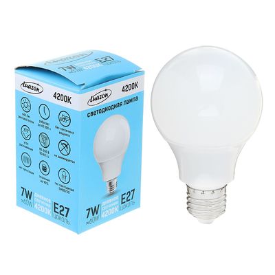 Лампа светодиодная Luazon Lighting, А60, 7 Вт, E27, 4200 К, AL радиатор, дневной белый