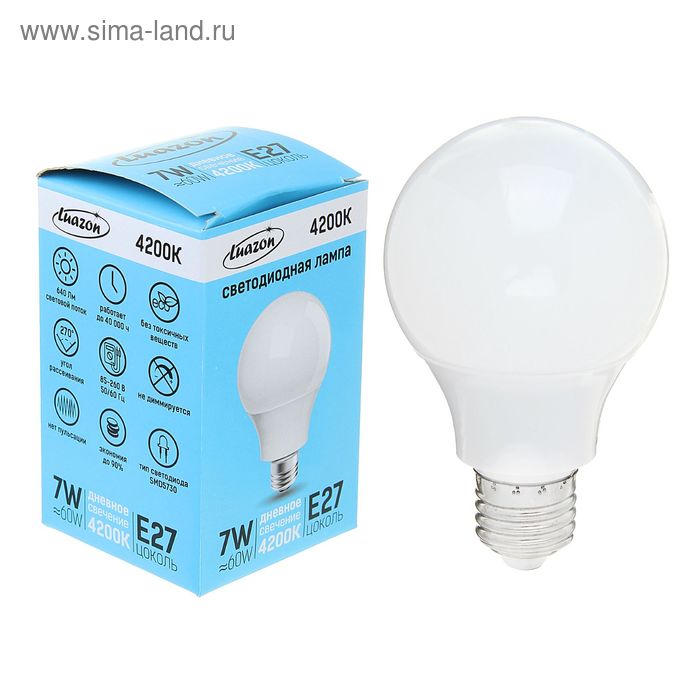 Лампа светодиодная Luazon Lighting, А60, 7 Вт, E27, 4200 К, AL радиатор, дневной белый - Фото 1