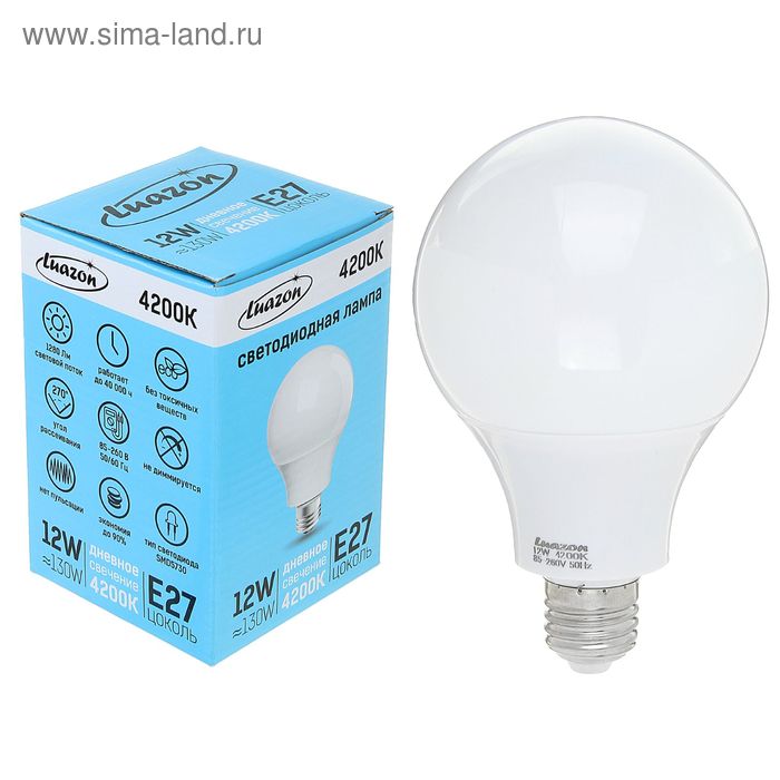 Лампа светодиодная Luazon Lighting, А60, 12 Вт, E27, 4200 К, AL радиатор, теплый белый - Фото 1