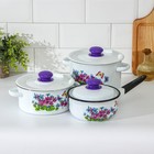 Набор посуды «Фиалки», 3 предмета: 2 л, 3,5 л, ковш 1,5 л, эмалированные крышки, индукция, цвет МИКС - фото 317940044