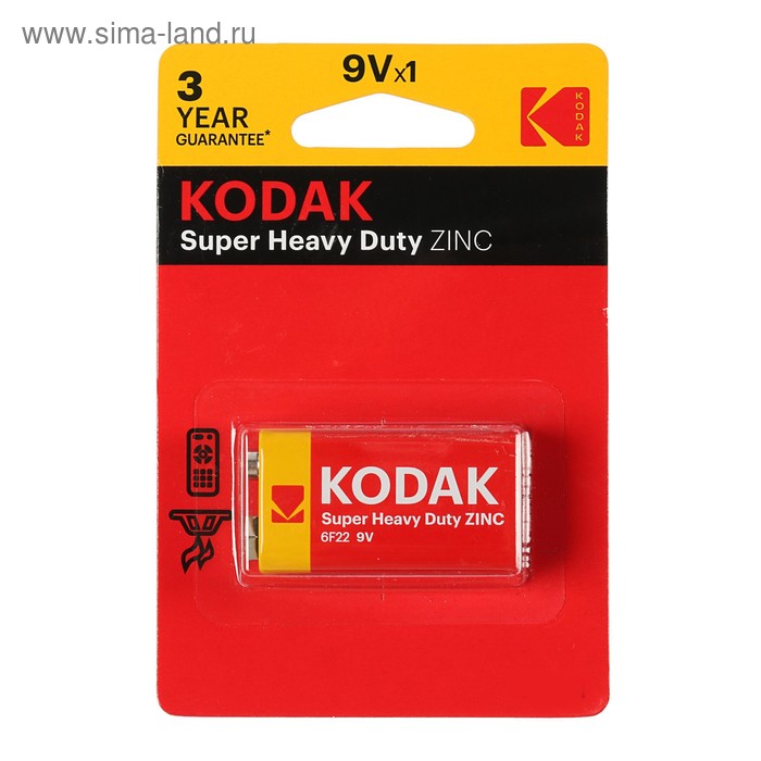 Батарейка солевая Kodak Super Extra Heavy Duty, 6F22-1BL, 9В, крона, блистер, 1 шт. - Фото 1