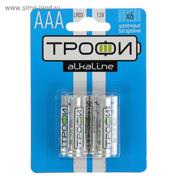 Батарейка алкалиновая "Трофи", AAA, LR03-6BL, 1.5В, блистер, 6 шт. - Фото 1