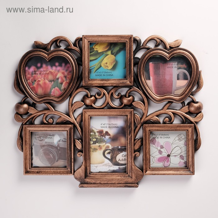 Фоторамка пластик на 6 фото 8х8 см, 10х10 см, 9х13 см "Яблоня" золото 29х36 см - Фото 1