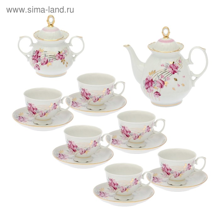Сервиз чайный "Цветы сакуры", 14 предметов: чайник 800 мл, сахарница 350 мл, 6 чашек 200 мл, 6 блюдец 14 см - Фото 1