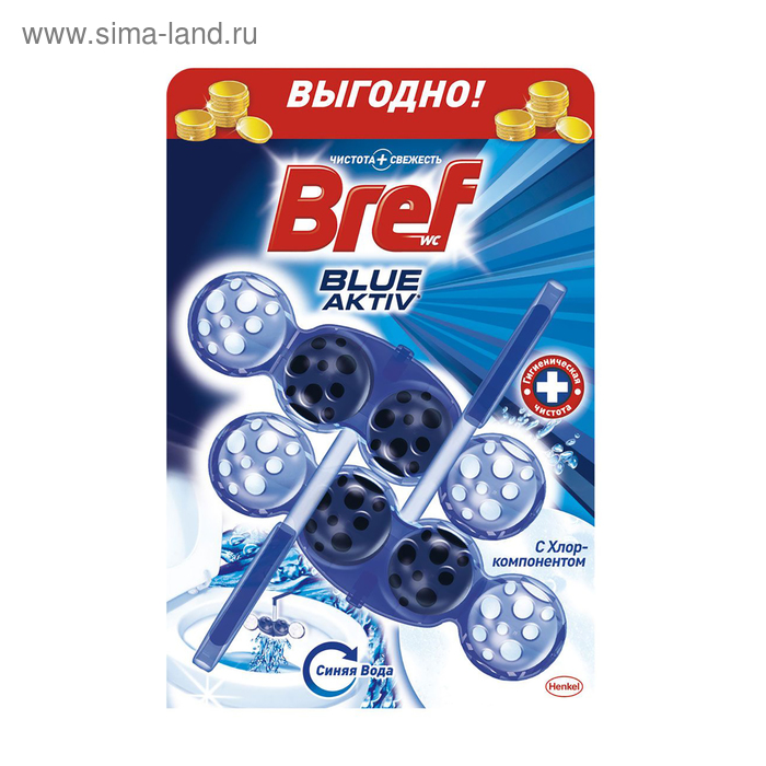 Блок для чистки и свежести унитаза Bref Blue Aktiv с хлор-компонентом, 2 x 50 г - Фото 1