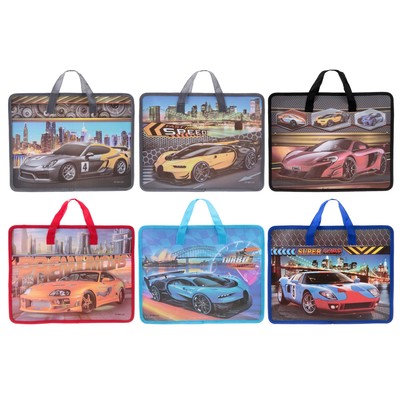 Папка-сумочка, А4, детская, на молнии, с ручками, «Машины», МИКС