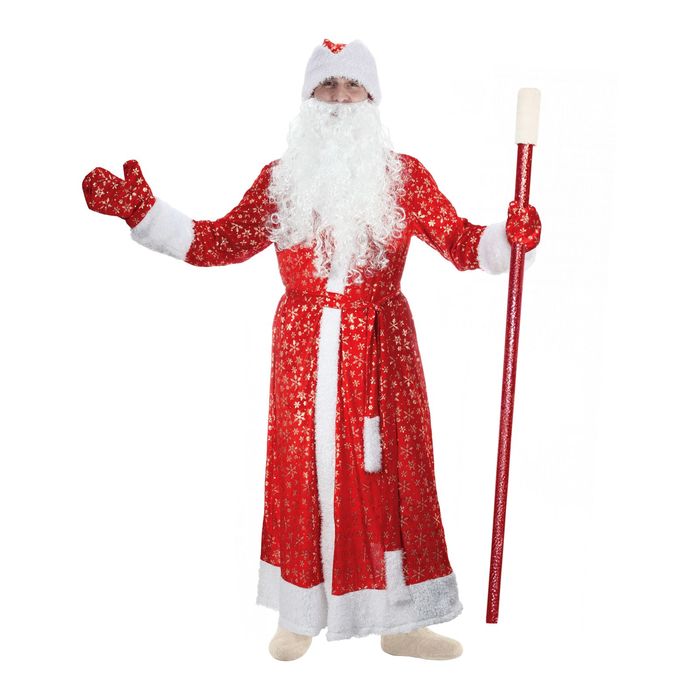 Карнавальный костюм "Дедушка Мороз", шуба с кудрявым мехом, шапка, варежки, борода, р-р 48-50, рост 185 см - фото 1908290507