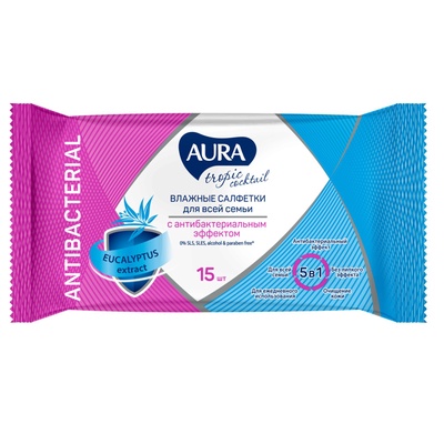 Влажные салфетки Aura Tropic Cocktail, c антибактериальным эффектом, 15 шт.