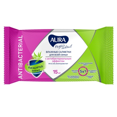 Влажные салфетки Aura Tropic Cocktail, c антибактериальным эффектом, 15 шт.