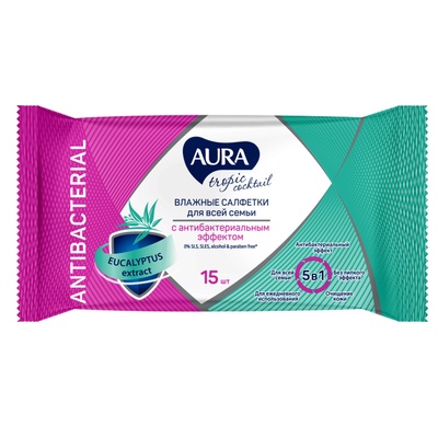 Влажные салфетки Aura Tropic Cocktail, c антибактериальным эффектом, 15 шт.