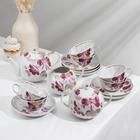 Сервиз чайный «Пурпуровый цветок», 15 предметов: чайник 750 мл, сахарница 600 мл, сливочник 300 мл, 6 чашек 220 мл, 6 блюдец 15 см - Фото 1