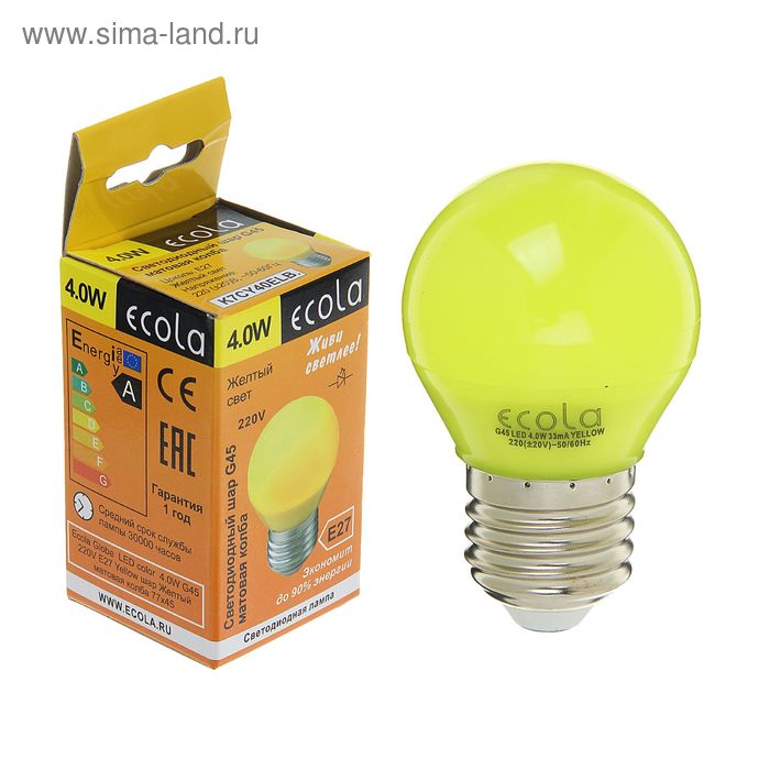 Лампа светодиодная Ecola globe, Е27, G45, 4 Вт, 220 В, 77 x 45 мм, матовая колба, шар желтый - Фото 1