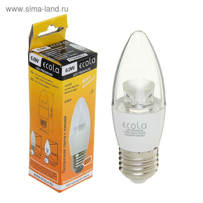Лампа светодиодная Ecola candle, Е27, 6Вт, 220В, 4000K, 105х35 мм, прозрачная свеча с линзой - Фото 1