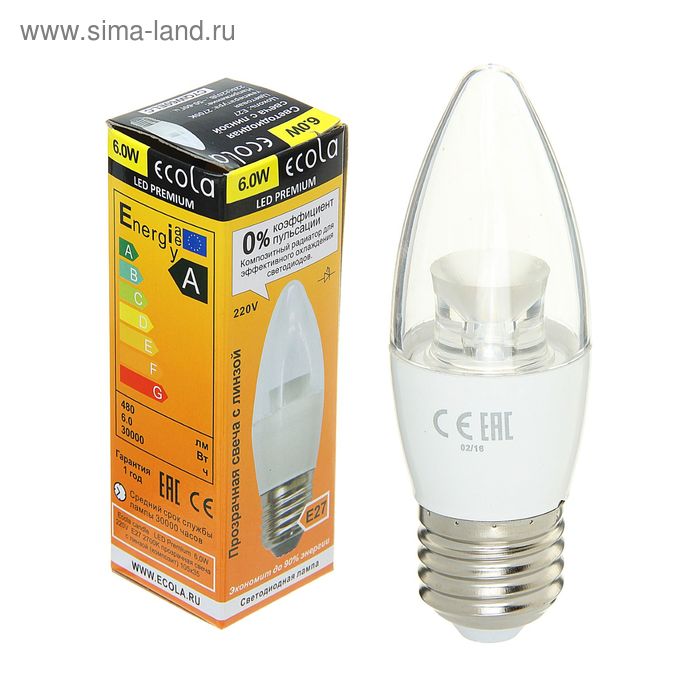 Лампа светодиодная Ecola "свеча", 6 Вт, Е27, 2700 K, 220 В, 105х35 мм, прозрачная, с линзой - Фото 1