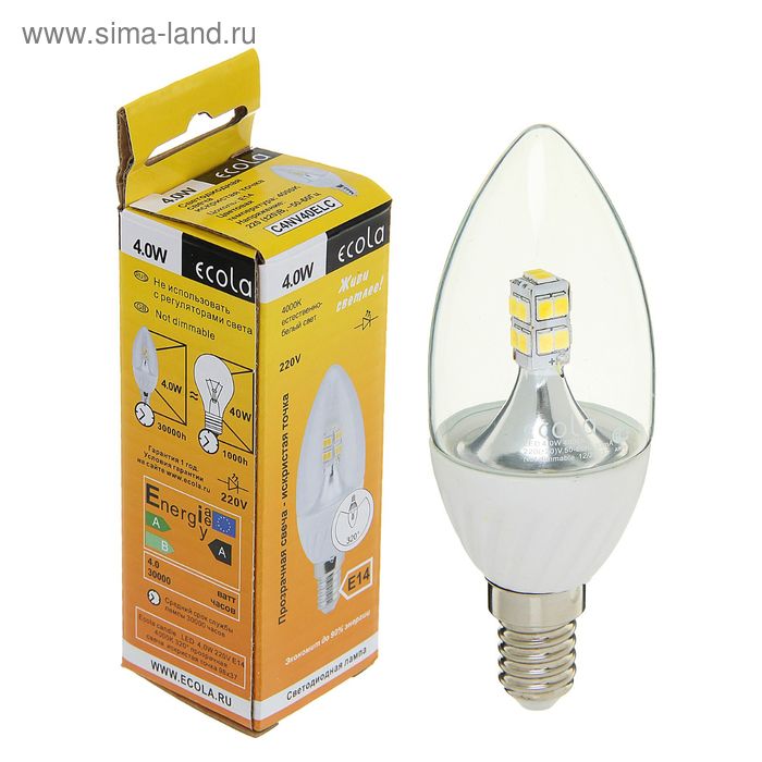 Лампа светодиодная Ecola candle, С37, 4 Вт, Е14, 4000 К, 98х37, 320°, прозрачная - Фото 1