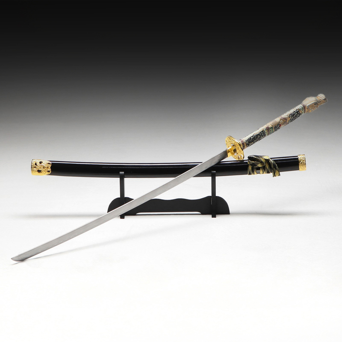 Сувенирное оружие «Катана на подставке», чёрные ножны, рукоятка — под слоновую кость, 108 см - Фото 1