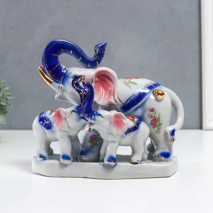 Сувенир керамика "Слон и два слонёнка, роспись цветочки" 17х10х19 см - фото 8348554