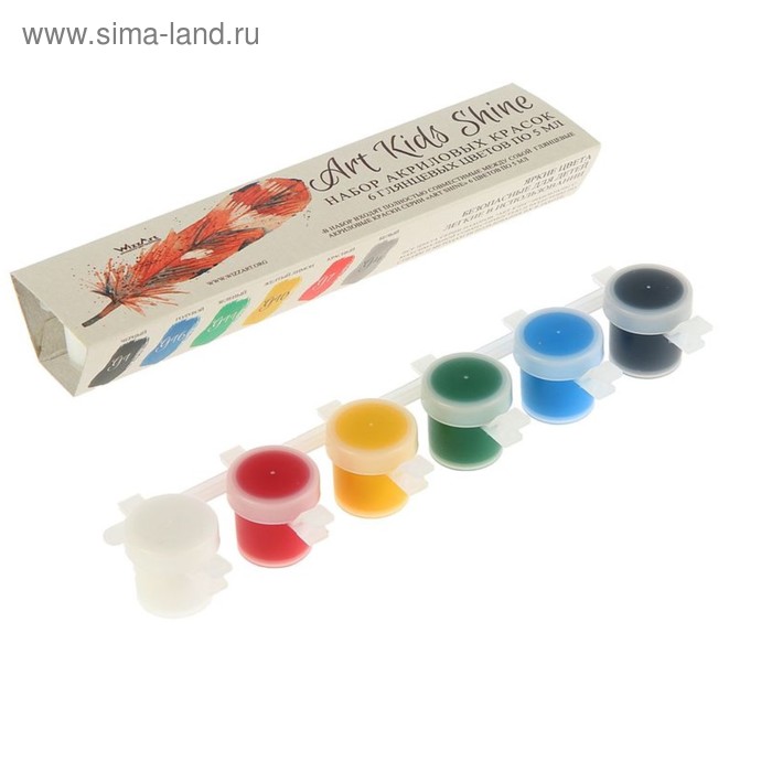 Краска акриловая, набор 6 цветов х 5 мл, Shine, WizzArt Kids, глянцевые, морозостойкий - Фото 1