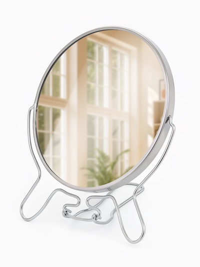 Зеркало настольное, с увеличением х2, круглое, настенное, двустороннее, 16×18 см, (d=14 см), металлическое