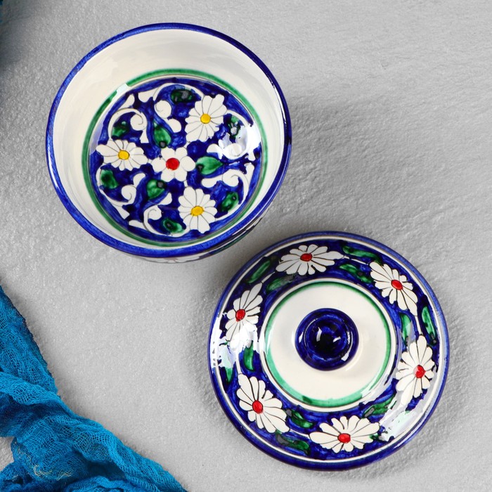 Сахарница Риштанская Керамика "Цветы", 250 мл, синяя - фото 1925814286