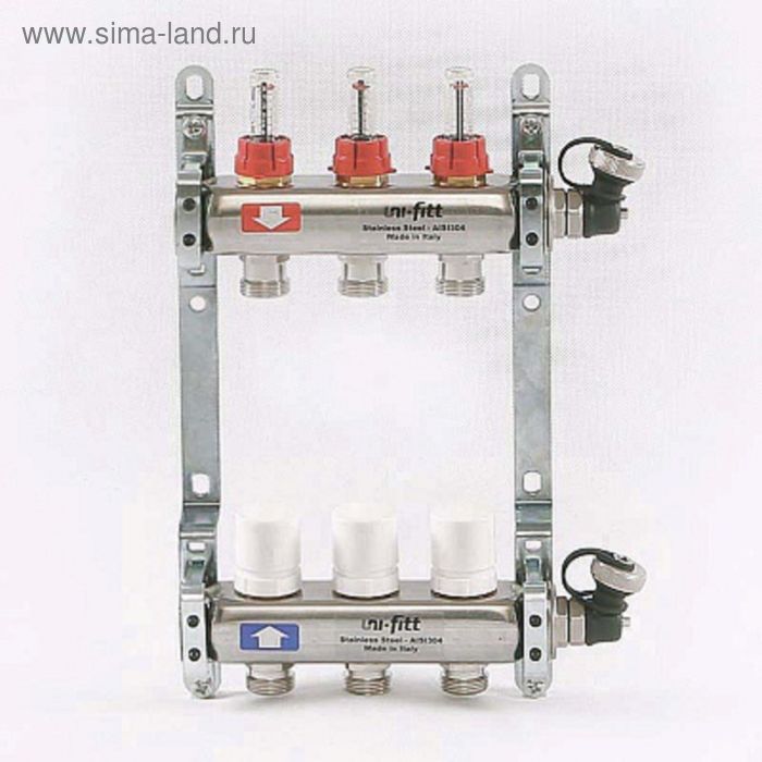 Коллекторная группа UNI-FITT, 1"х3/4" 3 выхода, расходомеры до 6 л/мин, нержавеющая сталь - Фото 1