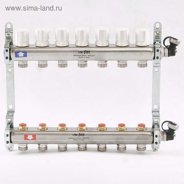 Коллекторная группа UNI-FITT, 1"х3/4" 7 выходов, с вентилями, нержавеющая сталь - Фото 1