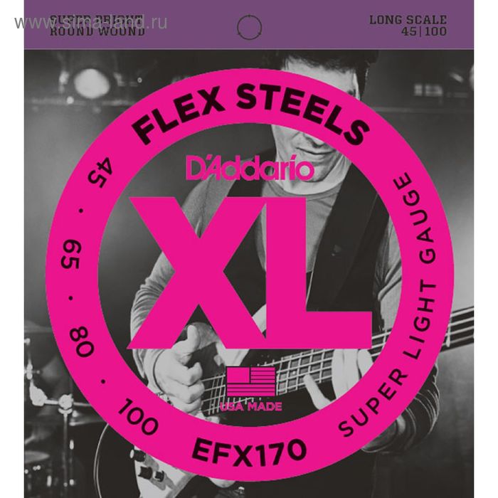 Струны для бас-гитары D'Addario EFX170 FlexSteels, Light, 45-100, сталь, Long Scale - Фото 1