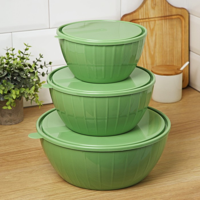 Набор салатников с крышками Giaretti Bono, 3 шт.: 5 л, 2.8 л, 1.7 л, пластик, МИКС - Фото 1