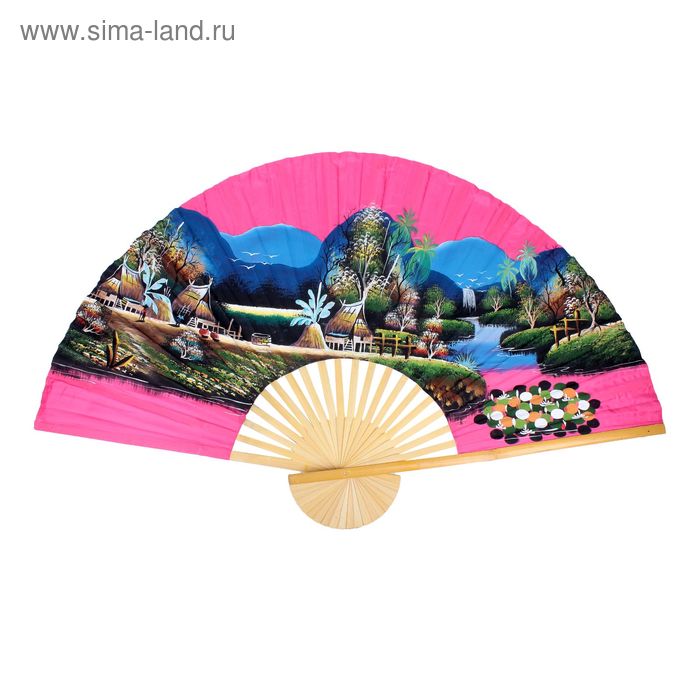 Веер бамбук "Тайская деревня" на розовом фоне 88х6х6 см - Фото 1