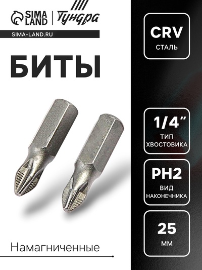 Биты ТУНДРА, намагниченные, сталь CrV, PH2 х 25 мм, 2 шт.