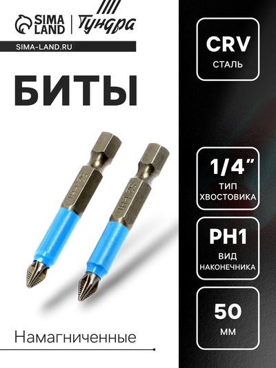 Биты ТУНДРА, намагниченные, сталь CrV, PH1 х 50 мм, 2 шт.