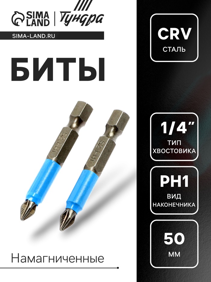 Биты ТУНДРА, намагниченные, сталь CrV, PH1 х 50 мм, 2 шт. - Фото 1
