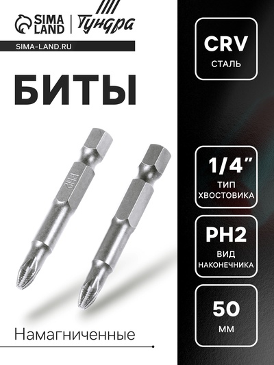 Биты ТУНДРА, намагниченные, сталь CrV, PH2×50 мм, 2 шт.