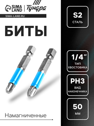 Биты ТУНДРА, намагниченные, сталь CrV, PH3×50 мм, 2 шт.