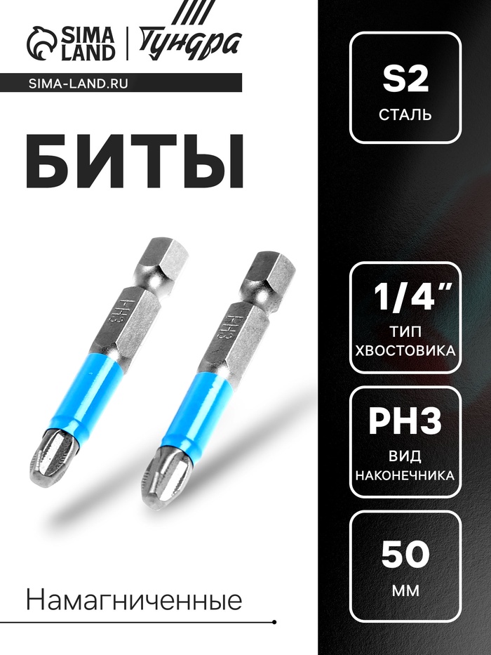 Биты ТУНДРА, намагниченные, сталь CrV, PH3×50 мм, 2 шт. - Фото 1