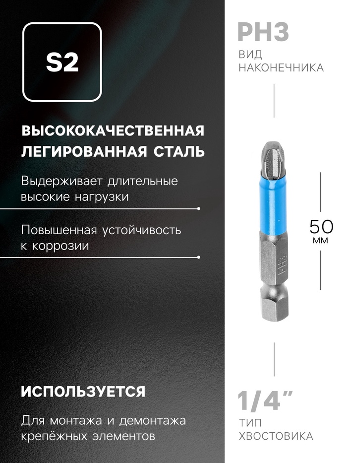 Биты ТУНДРА, намагниченные, сталь CrV, PH3 х 50 мм, 2 шт. - фото 18506359