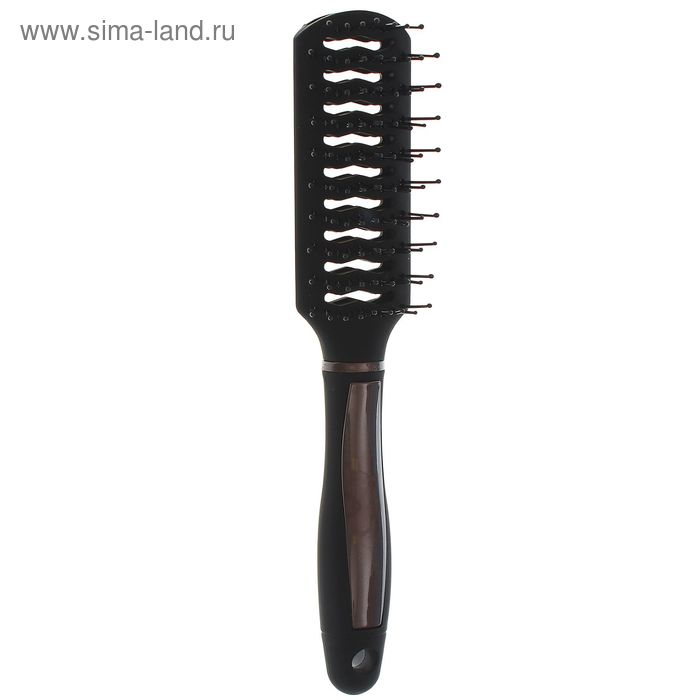 Расчёска массажная с прорезиненной ручкой, вентилируемая, прямоугольная, цвет чёрный/коричневый - Фото 1