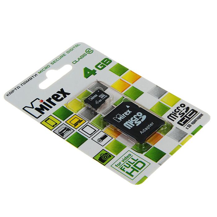 Карта памяти Mirex microSD, 4 Гб, SDHC, класс 10, с адаптером SD - фото 51293075