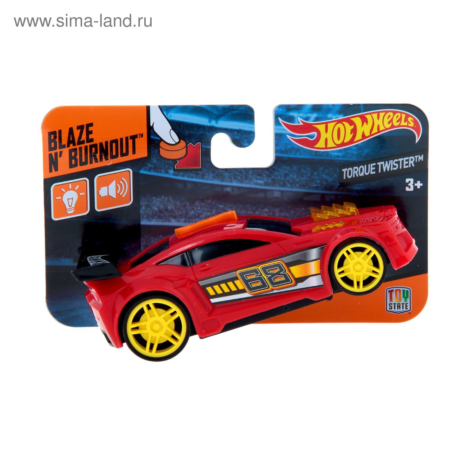 Машинка Hot Wheels, на батарейках, свет + звук, красная, 13 см