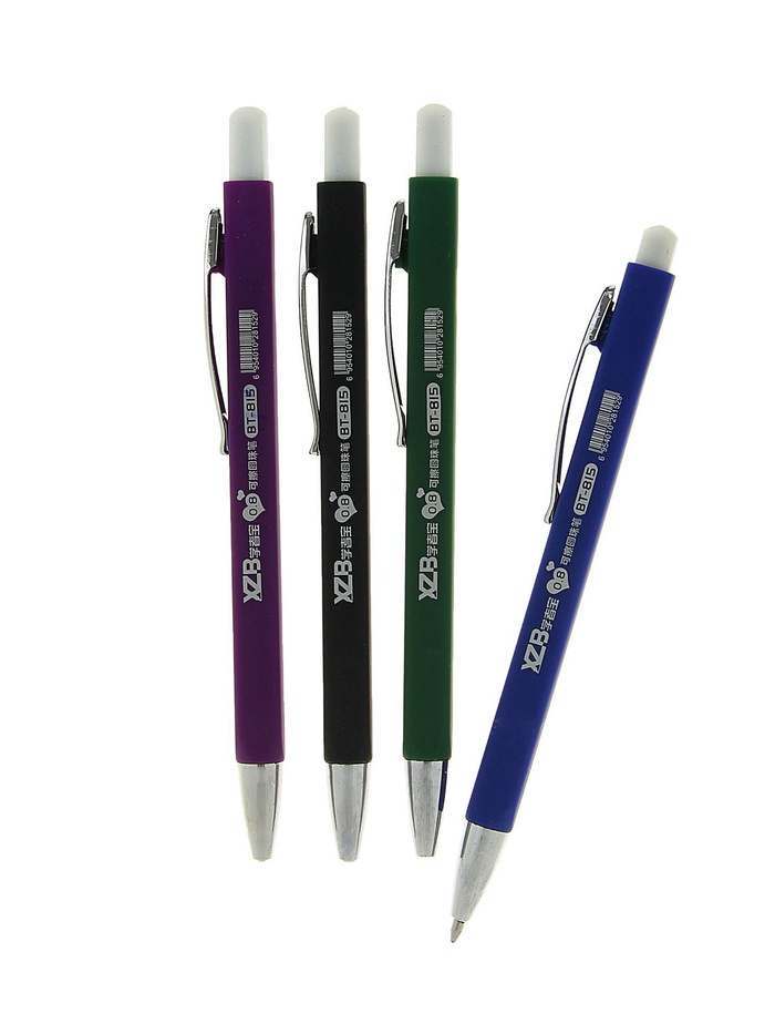 Стираемая ручка, шариковая, автоматическая, синий стержень, узел 0.8 мм, прорезиненный квадратный корпус, МИКС - Фото 1