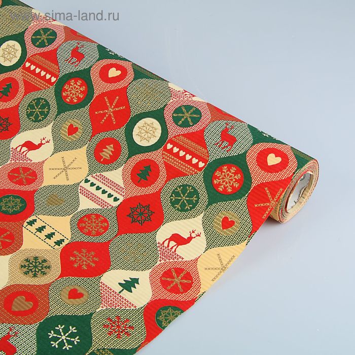 Бумага упаковочная крафт "Лапландия", красно зелено-золотая, 0.5 х 10 м - Фото 1