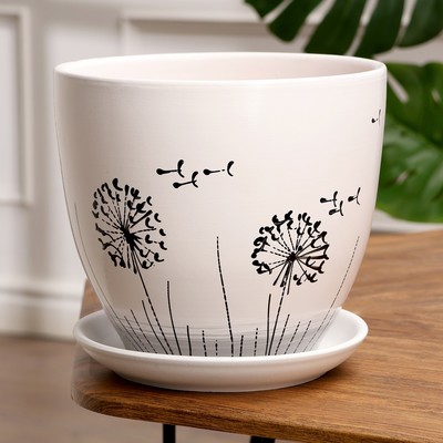 Горшок для цветов «Одуванчик», 5 л, d=23 см, h=21 см, керамический, с поддоном, белый