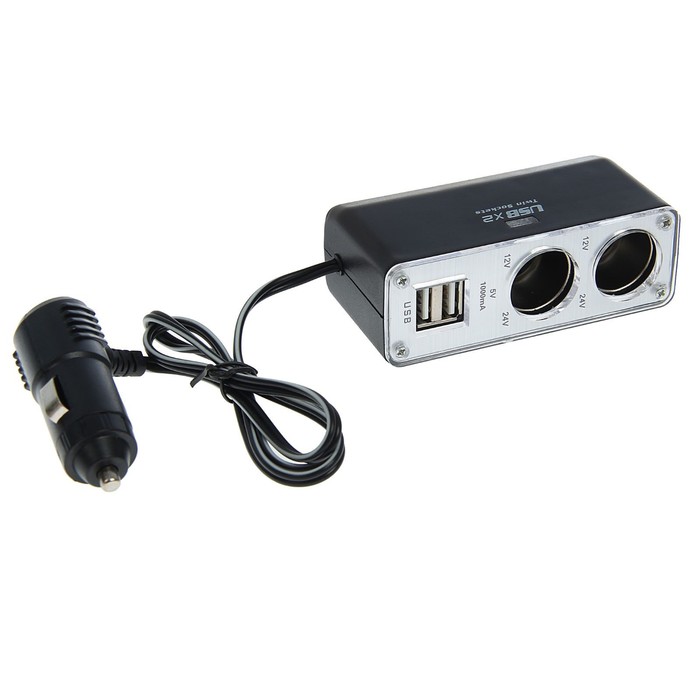 Разветвитель прикуривателя TORSO, 2 гнезда, 2 USB, 12/24 В, провод 65 см - Фото 1