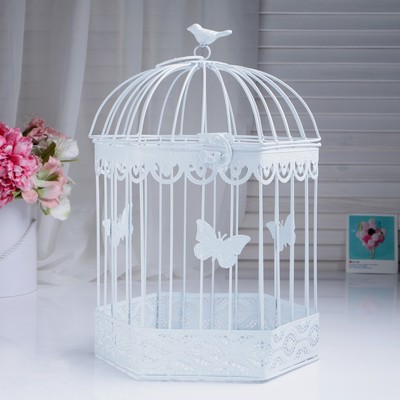 Фигурка металл «Клетка декоративная. Бабочки», подставка, 23×40 см, белая